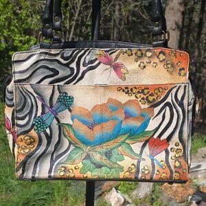 Anuschka Hand-Painted Floral & Zebra Shoulder Bag - Blue, Orange, Black